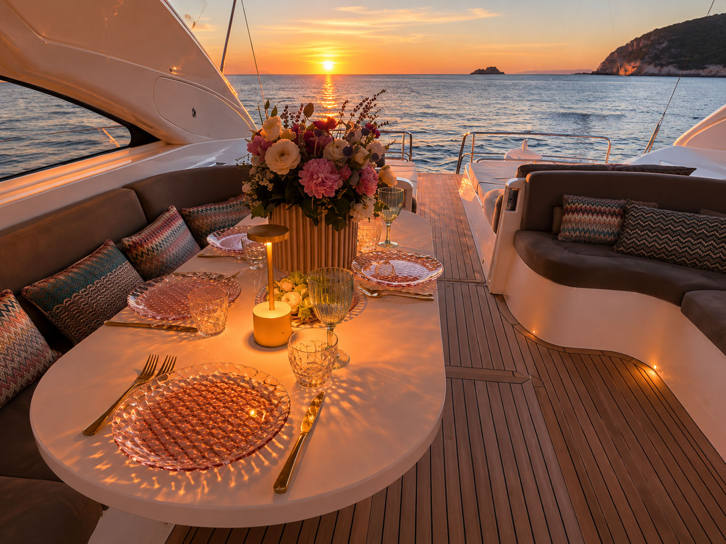 Cena al tramonto sul ponte del M/Y Frappe